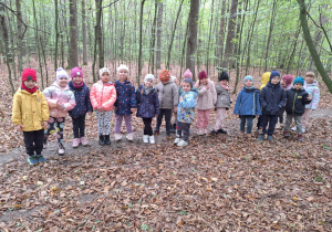 Dzieci stoją w jednym rzędzie na polanie leśnej