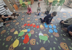 Chłopiec układa sylwety balonów wg kolorów