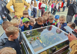 Dzieci oglądają makietę terenu wojskowego